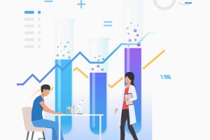 Chemist and assistant working in lab against tubes and charts vector illustration. Medicine, pharmacy, science. Chemistry concept. Creative design for layouts, web pages, banners